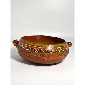 Handcrafted Vintage Folk Art Mexican Clay Pottery Bowl With Green White Accents